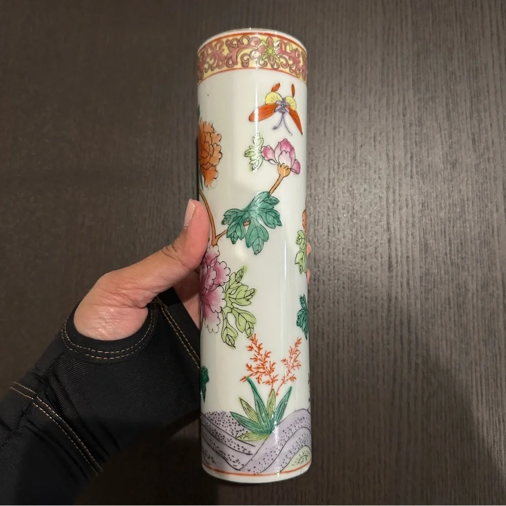 Vintage Oriental Asian Multicolor Artwork Cylindrical Round Vase 8” Tall approx.